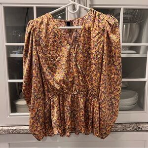 Floral V-Neck Blouse‎ - Yellow and Pink